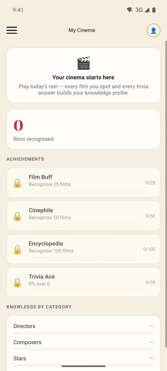 My Cinema stats and achievements screen